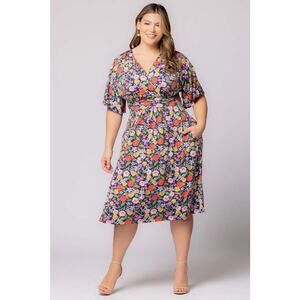 Kiyonna Gia Floral Midi Dress 2X Pockets Empire Waist Colorful Packable Party